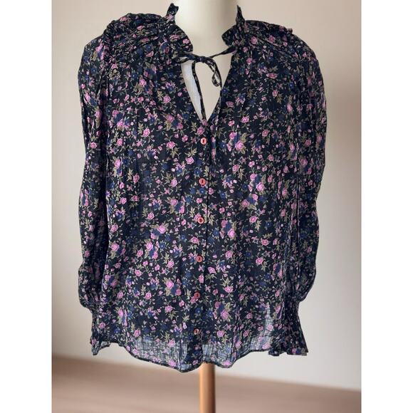 Free People Meant To Be Floral Long Sleeve Button Up Top Black Women's Medium - Picture 1 of 13